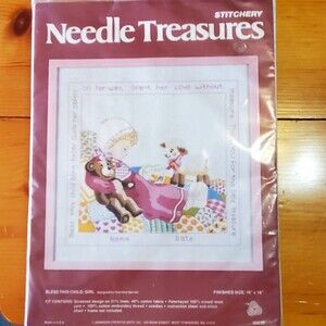 NOS VTG Stitchery Needle Treasures Needlework Kit Bless This Child Girl 16"x16"